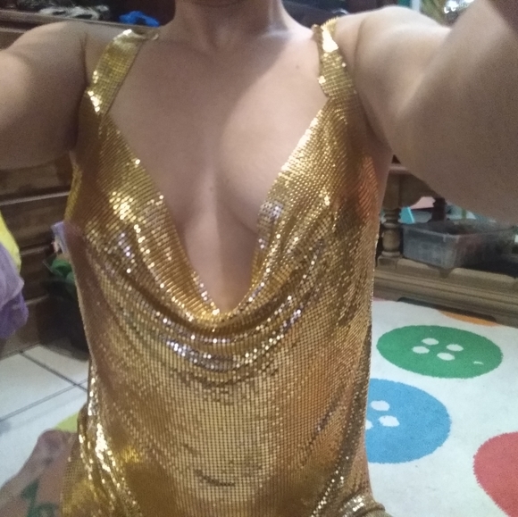 Metallic Gold Chain Link Sexy Low Cut Dress - Picture 5 of 10